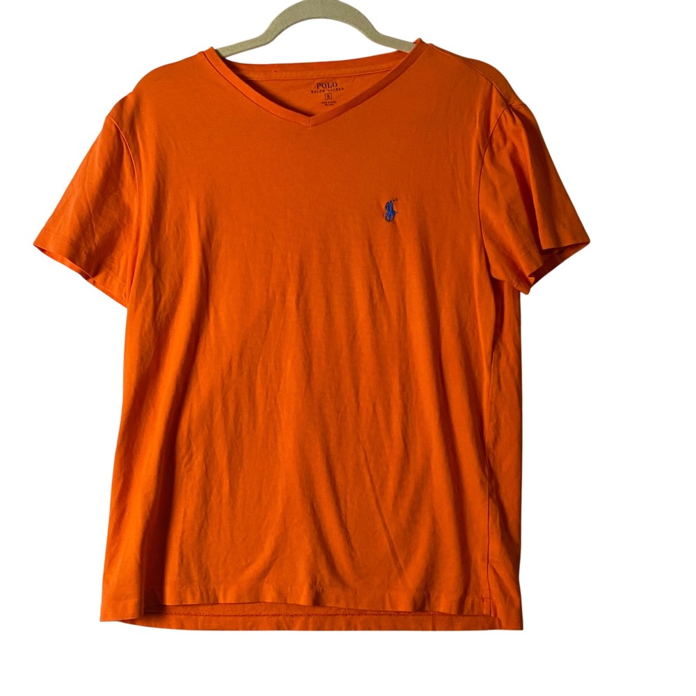 Polo Ralph Lauren Mens Orange V-Neck T-Shirt Blue Pony Logo Small 100% Cotton